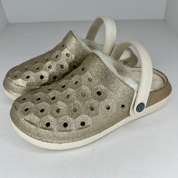 Joybees Shoes - Joybees Womens Varsity Golden Glitter Faux Fur Lining Slip-On Size 8 W Clogs